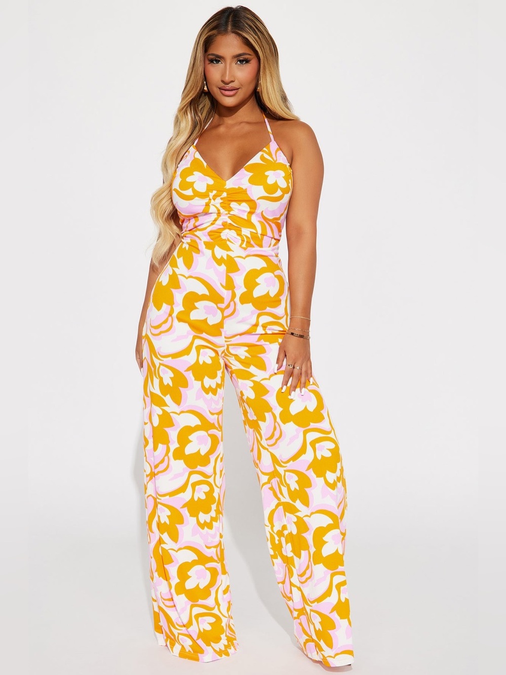 Fashion Nova Pink & Yellow Floral Halter Wide-Leg Jumpsuit